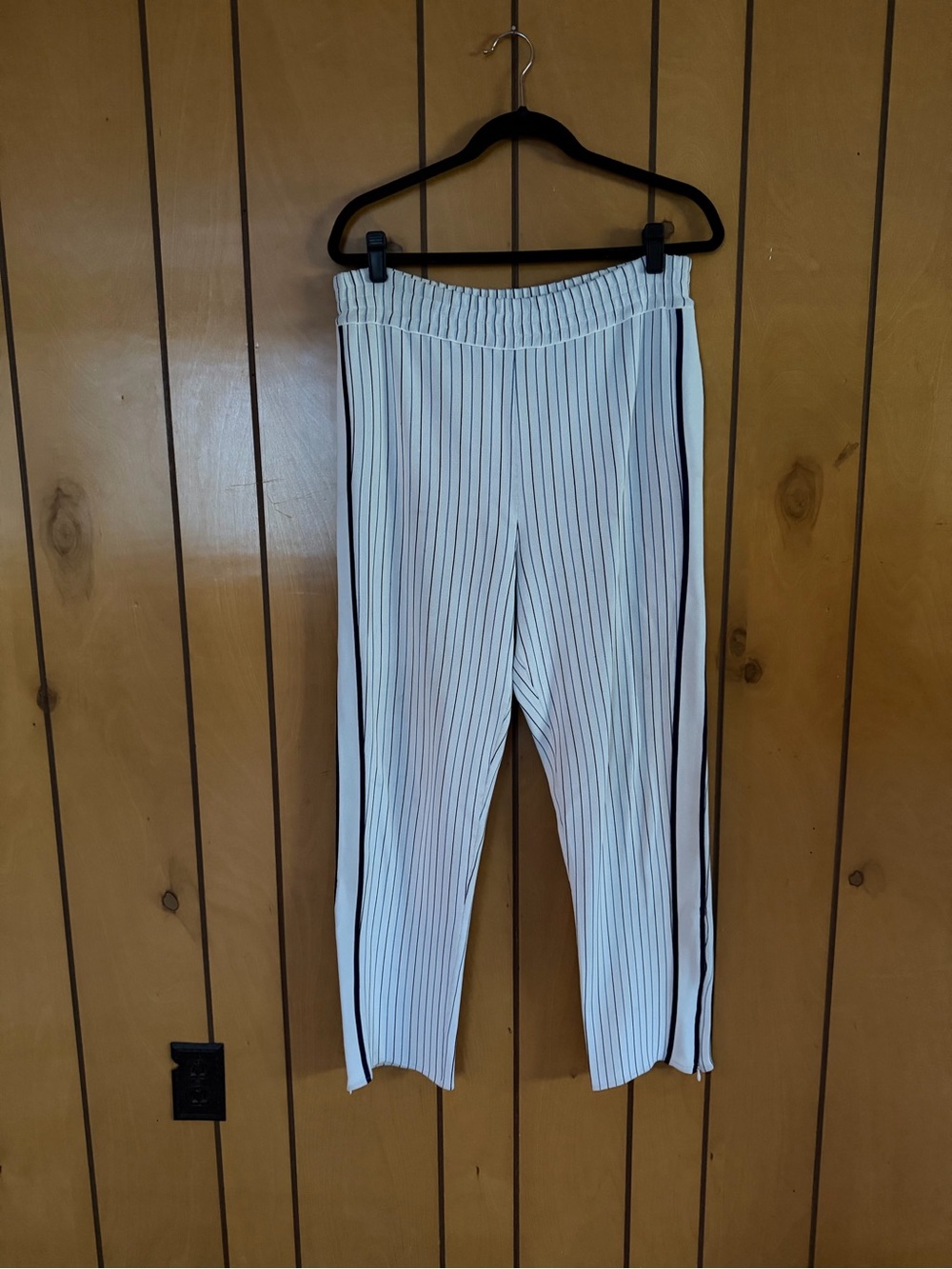 Stella McCartney White Pinstripe Track Pants with Blue Side Stripes